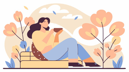A peaceful illustration of a woman relaxing outdoors with a warm drink, surrounded by blooming flowers. She sits comfortably on a cushion, enjoying a moment of calm in a serene nature setting.