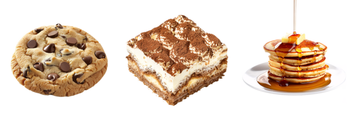 Set of A slice of decadent tiramisu with cocoa dusting, isolated white transparent background