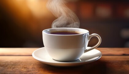 Steaming Cup of Black Coffee in a White Ceramic Mug on a Wooden Surface