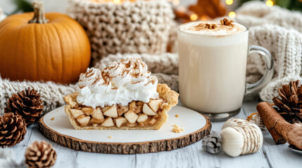 Delicious apple pie with whipped cream and warm drink on cozy table