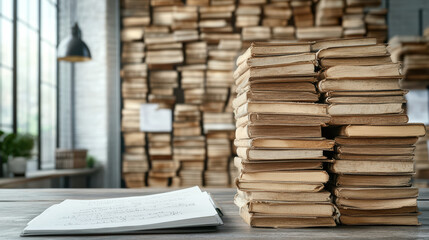 stack of old books beside handwritten notes in vintage office setting