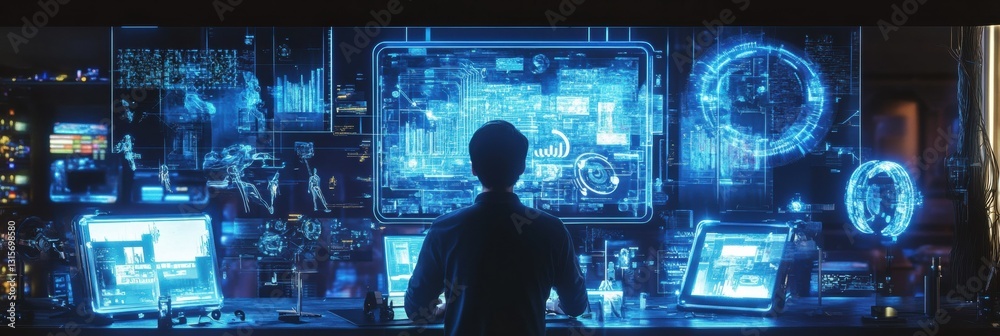 Fototapete engineer creates innovative futuristic device in a high tech workspace with glowing screens and adva