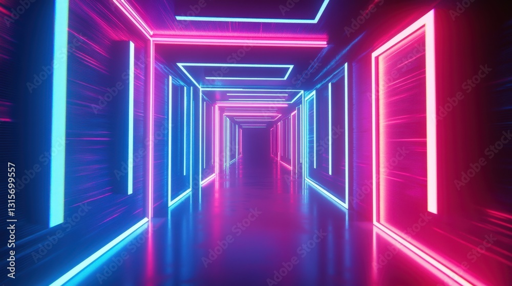 Poster a trippy and immersive 3d animation of an infinite neon tunnel with rotating square frames.