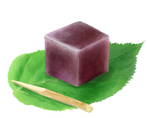 葉っぱの上に乗った水ようかんの水彩イラスト