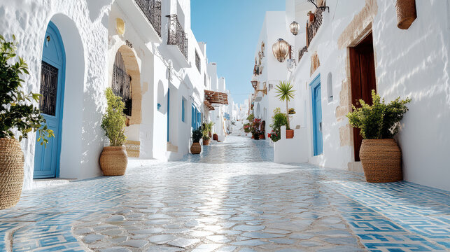charming Moroccan style town with intricate mosaic patterns and vibrant blue doors
