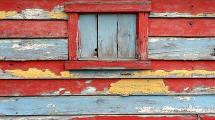 Peeling paint, weathered wooden wall, window, colorful exterior