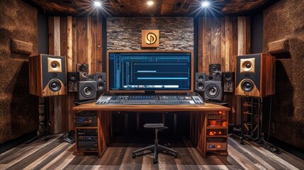 Fototapeta premium A professional video editing workstation featuring a large monitor, high-end PC, and editing software.