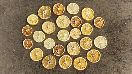 Arrangement of Dried Lemon Slices in Circular Pattern on Rustic Surface Providing Organic Decorative Touch and Natural Aesthetic