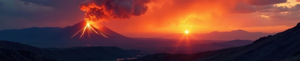 Obraz premium Orange hues on the horizon as a volcanic eruption reshapes the land, fire and brimstone, ash clouds
