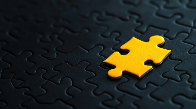 Entrepreneur thinking outside the box. unique yellow jigsaw puzzle piece stands out among black pieces