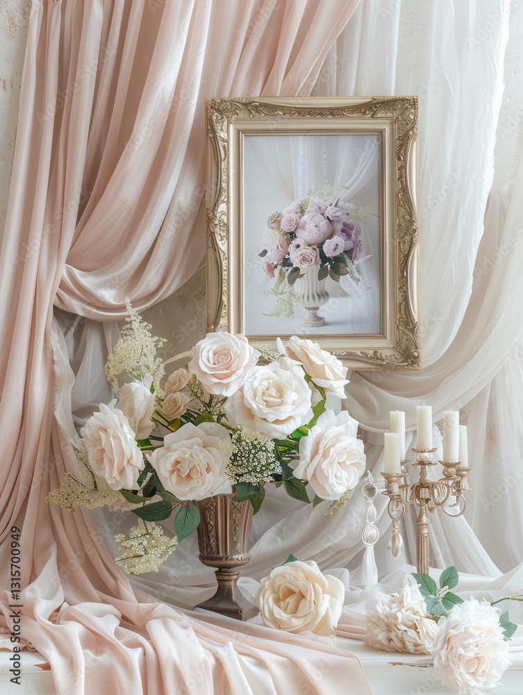 Poster elegant wedding display featuring a beautiful frame with romantic accessories on a soft backdrop wit