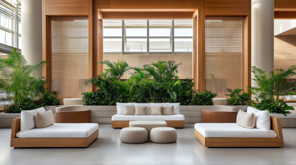 Fototapeta premium serene relaxation area with modern furniture and lush greenery