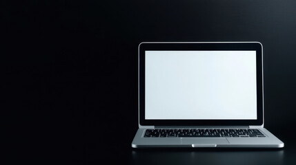 Fototapeta premium Entrepreneur thinking outside the box. sleek laptop with blank screen on dark background, ideal for presentations