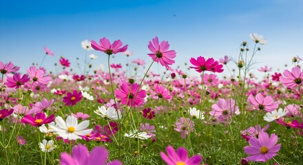 Fototapeta premium Cosmos flower field, Beautiful Cosmos Flower blossom in the garden 