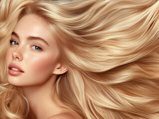 Naklejka premium close up of woman with long, flowing blonde hair, showcasing healthy, shiny locks. Her skin is radiant, highlighting natural beauty and elegance