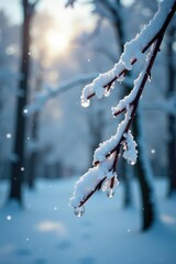 Snowflakes gently falling on the branches of a frozen Distelfinken tree on a Weber Karden in deep winter, distelfinken, snowflake