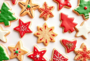 Obraz premium A charming assortment of Christmas cookies, various shapes and sprinkles, arranged on a pristine white background, confectionery, isolated