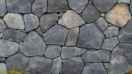 Fototapeta premium Gray stone wall with irregularly shaped rocks and deep cracks forming a rugged textured background UHD 4K Image