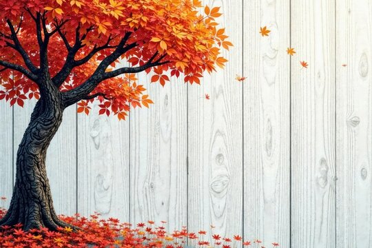 Twisted tree branches in autumnal hues against a soft white wood backdrop, woody texture, fall landscape, seasonal change