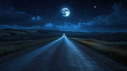 Deserted road under a full moon, mysterious and cinematic