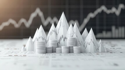 Mountains formed from stacks of financial graphs and bond certificates, longterm bonds, financial peaks and achievements