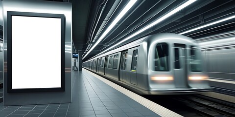 Blank advertising billboard in a modern subway station with a moving train in the background, ideal mockup space for urban advertising, branding, or commercial promotions

