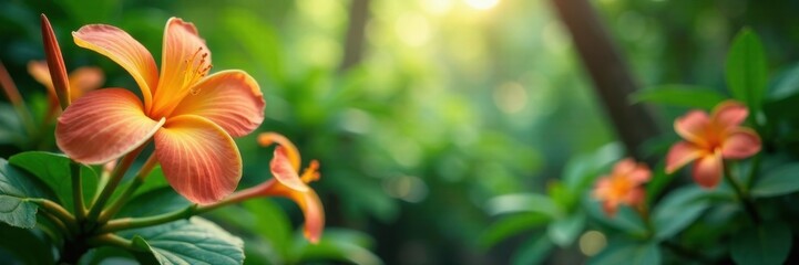 Fototapeta premium Softly lit tropical garden with blurred flowers and foliage in the foreground, outdoor space, nature photography, blurred flowers