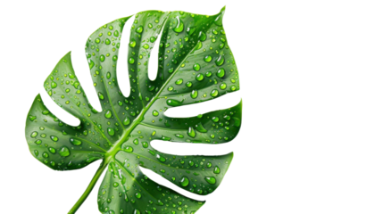 Vibrant green monstera leaf with sparkling water droplets on transparent background