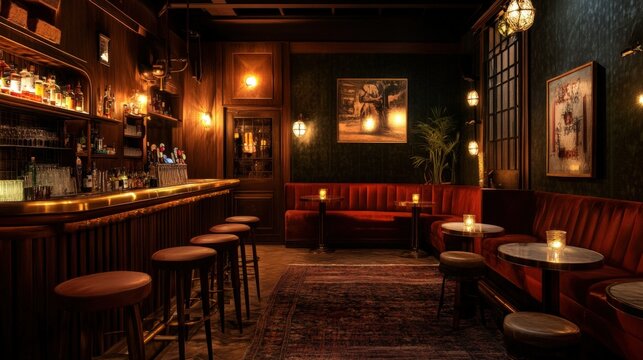 Hidden speakeasy bar with warm lighting, vintage decor