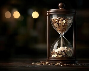 Elegant hourglass where the sand is replaced by bond certificate fragments, longterm bonds, timebound investment returns