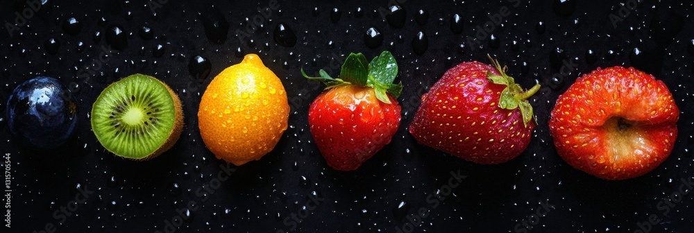 Aufkleber fresh fruits arranged on a dark surface with raindrops showcasing colorful textures and vibrant hues