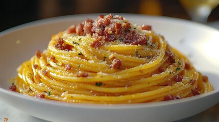 Fototapeta premium Restaurant plate of pasta with bacon, close-up
