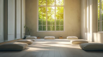 Minimalist meditation space with natural light, peaceful setting