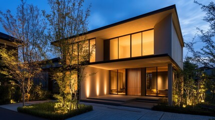 Minimalist modern house with warm lighting, elegant and peaceful
