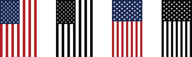 Vertical American flags in monochrome and color. Vertical flags of the United States of America.