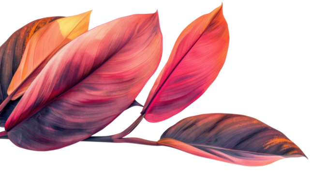 Vibrant pink and orange leaves creating a tropical atmosphere on transparent background