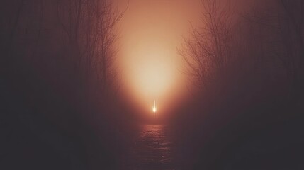 Misty Forest Path, Warm Sunlight
