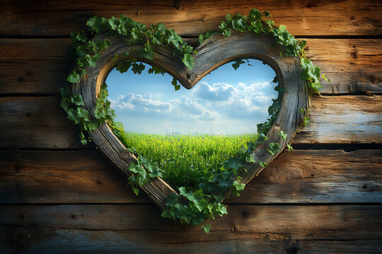 a heart-shaped window on the wooden wall with a green meadow and blue sky - Powered by Adobe