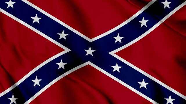 Confederate Flag: The Confederate flag, a symbol of a historical era, is depicted with its iconic red and blue design, showing the flag in motion, billowing in the wind.