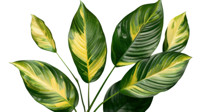 Calathea plant leaves showing vibrant green and yellow colors on transparent background