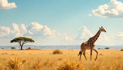 Obraz premium Towering giraffe roams savannah, wildlife, giraffe, grassland