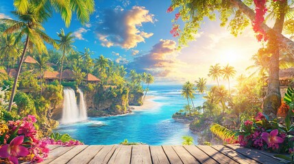Tropical waterfall beach sunset paradise vacation