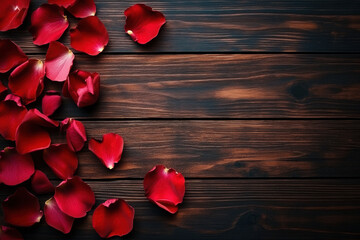 Romantic rose flower leaves arranged on a rustic wooden background in a flat lay composition, perfect for Valentine's Day themes, love-inspired designs, and nature aesthetics.