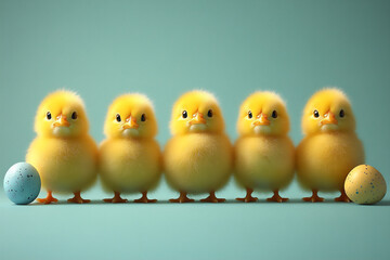 Naklejka premium a line-up of yellow easter chicks on a green background,