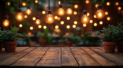 Rustic wooden table, bistro lights, garden party, blurred background