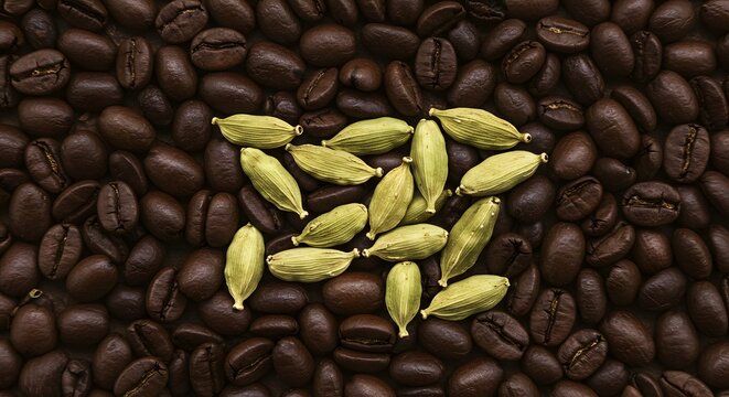 Roasted coffee beans background with green cardamom pods hot food dark rich cafe warm cozy spice