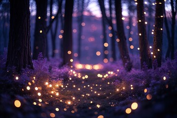 Naklejka premium Enchanted Twilight: Radiant Evening Woods with Sparkling Amethyst Bokeh Lights