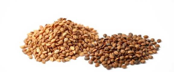 Fototapeta premium A small pile of light brown flax seeds and a separate pile of dark brown caraway seeds, both against a clean white background, organic, nutrition