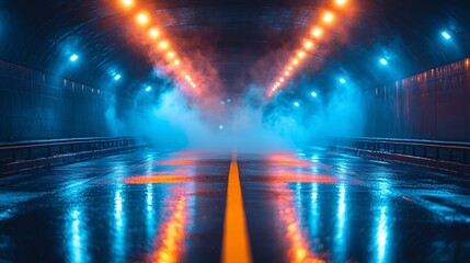 Wet road tunnel, night, neon lights, fog, urban