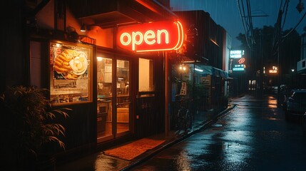Warm Glow from a Small Ramen Restaurant on a Rainy Night